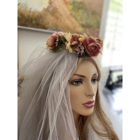 Vintage Bridal Wedding Hair Accessory Crown Earth Tones Boho Unique Handmade 70s - Picture 7 of 10